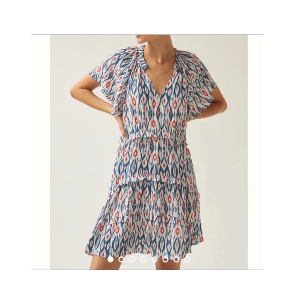 Anthropologie Ikat Tiered Mini Dress Blue Red White Flutter Sleeve XL